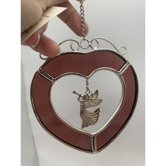 Vintage Viva Heart Cranberry/ Red Stained Glass and Pewter Suncatcher With Angel - Picture 7 of 8